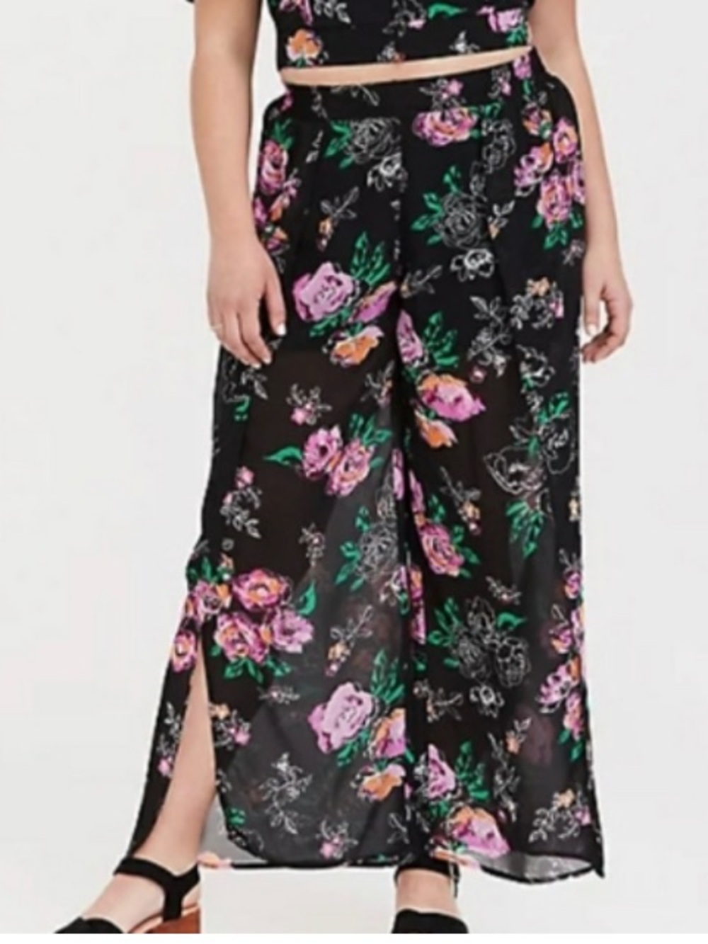Torrid Floral Chiffon Tulip Wide Leg Slit Ankle Pull-On Pant Black Large
